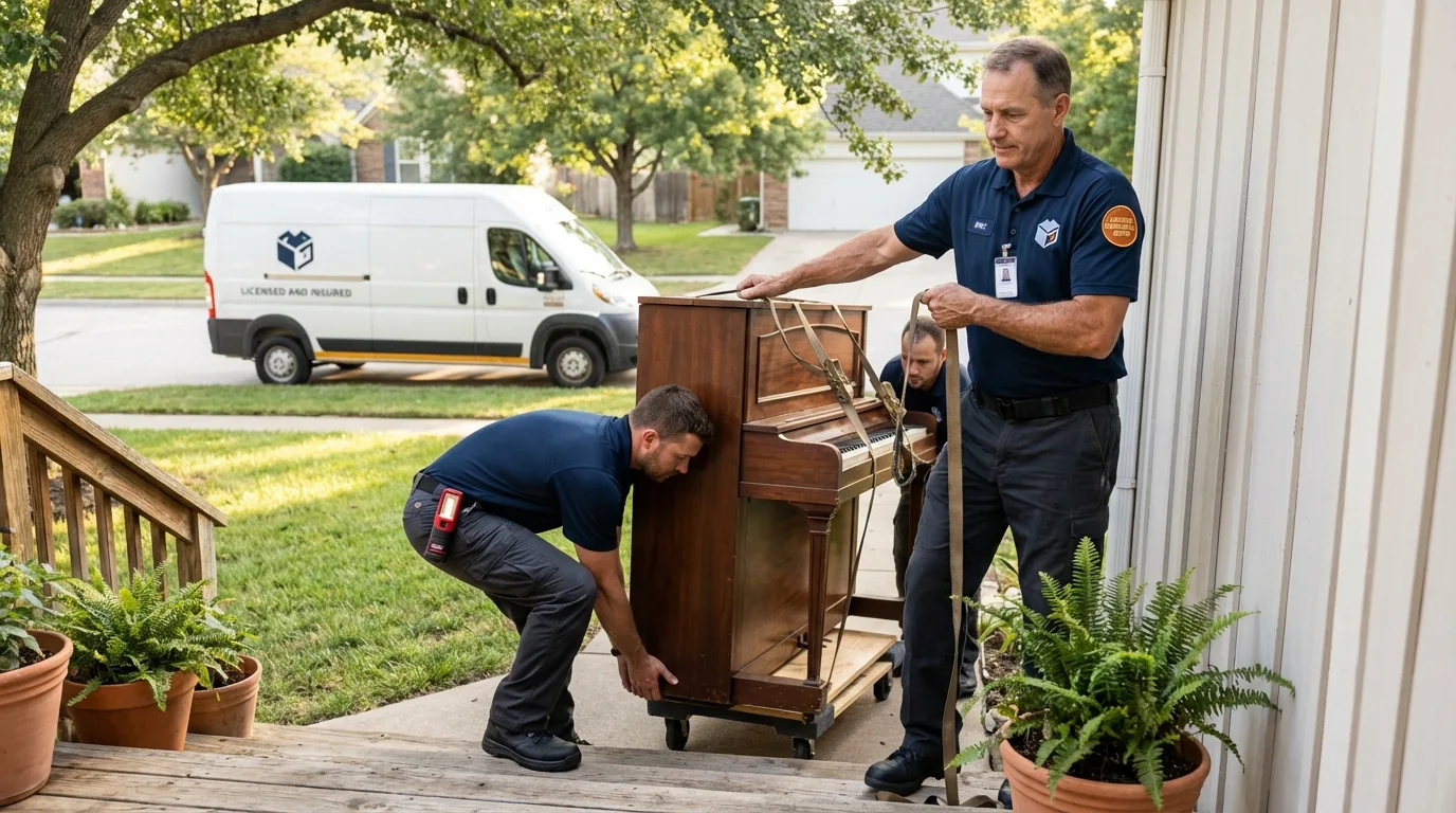 Licensed piano movers securing grand piano in Prairie City, IA