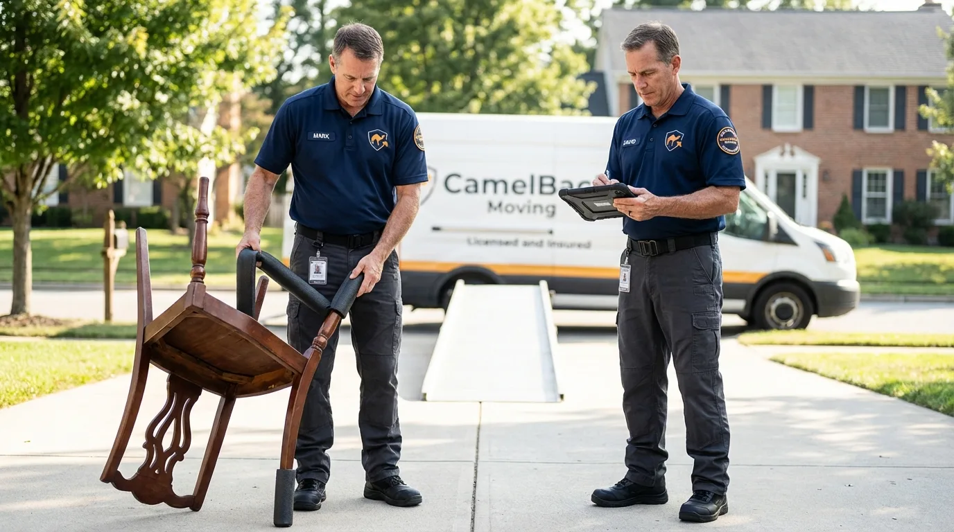 Movers inspecting furniture for damage prevention before loading in Prairie City, IA