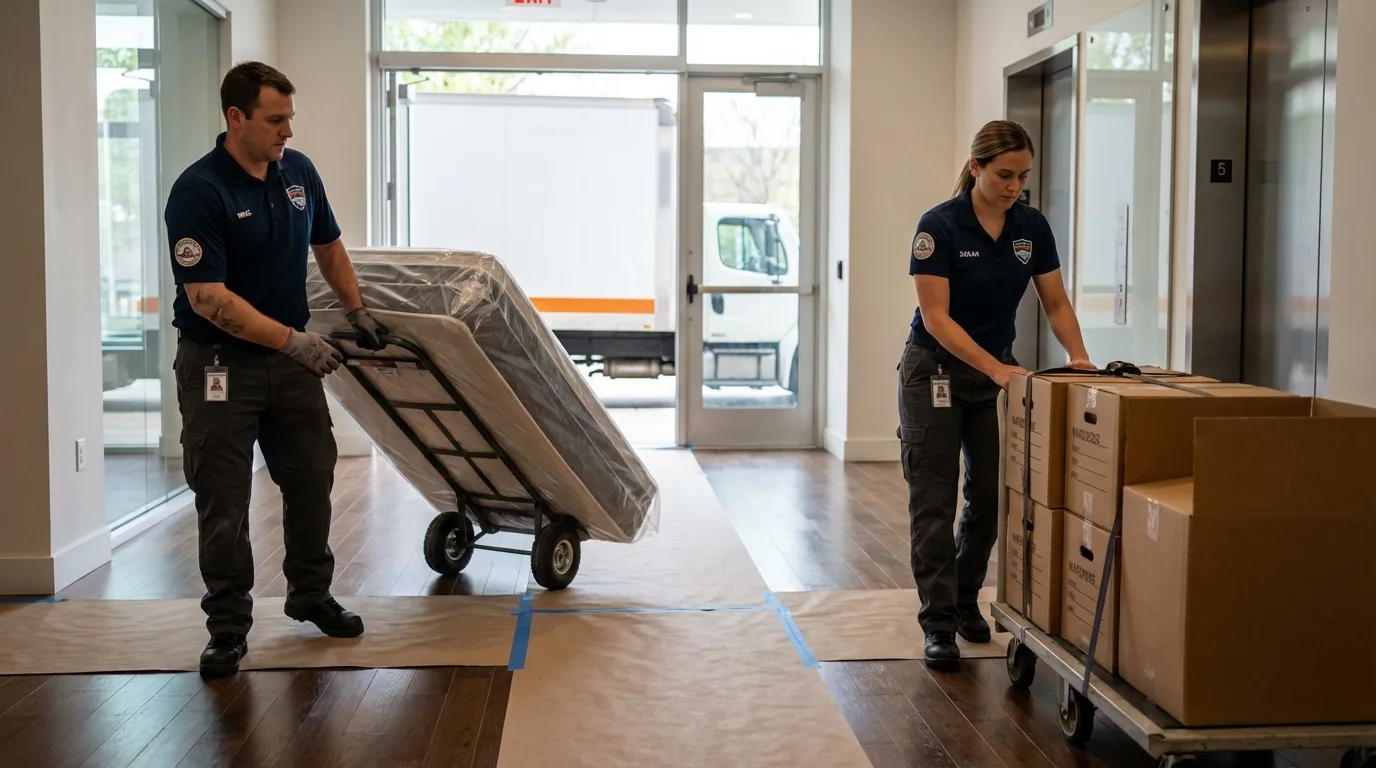 Professional apartment movers loading elevator in Prairie City, IA