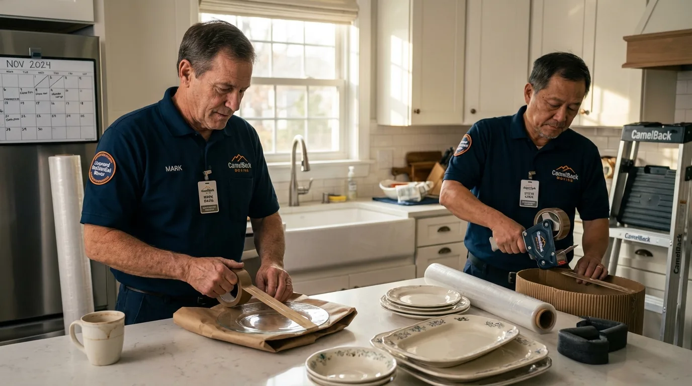 Professional crew packing kitchen dishware in Prairie City, IA